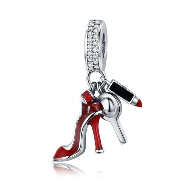 S925 Sterling Silver Red Lipstick High Heel Shoes Makeup Mirror Pendant - Image 5
