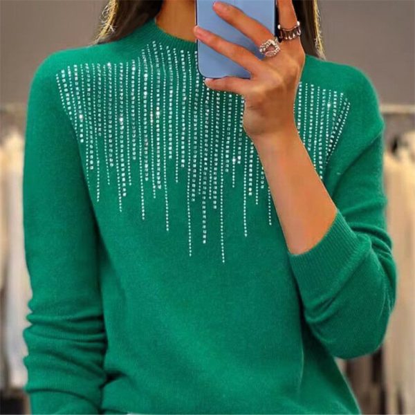 Women's Pullover Sweater Half-high Collar With Diamonds - Image 8