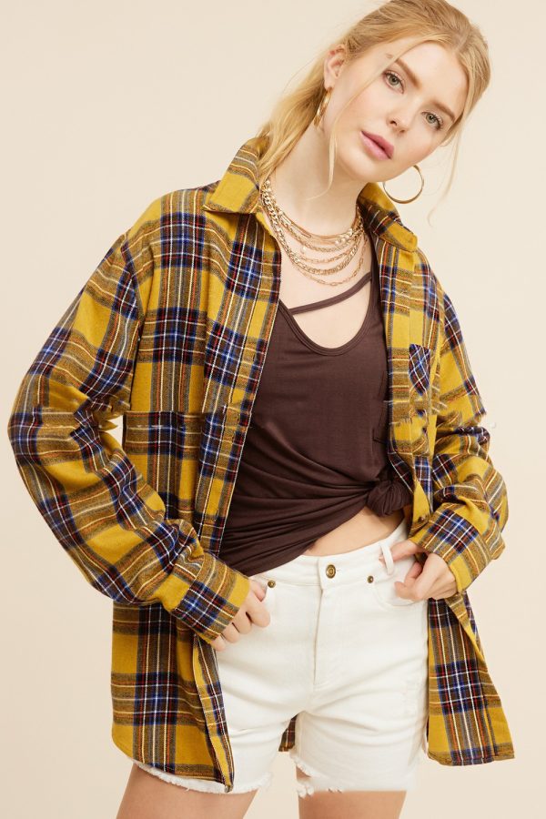 Spring And Autumn Women's Fashion Polo Collar Pocket Single-breasted Plaid Shirt - Image 4