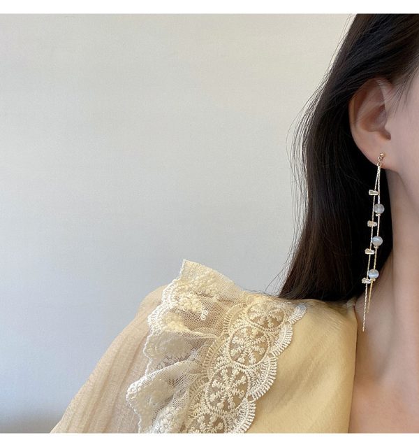 Sterling Silver Needle Long Fringe Earrings Female Cat's Eye - Image 4