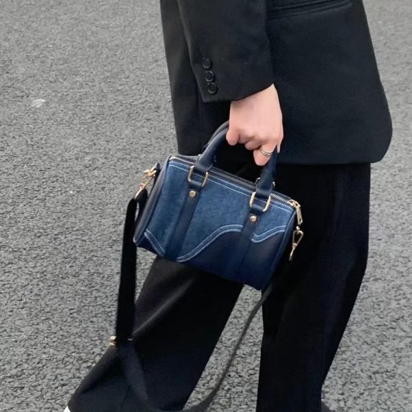 Retro Denim Patchwork Leather Boston Bag - Image 2