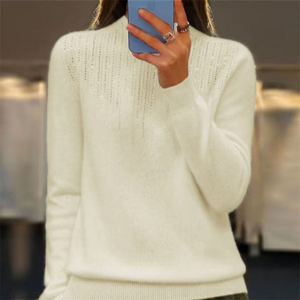 Women's Pullover Sweater Half-high Collar With Diamonds - Image 3