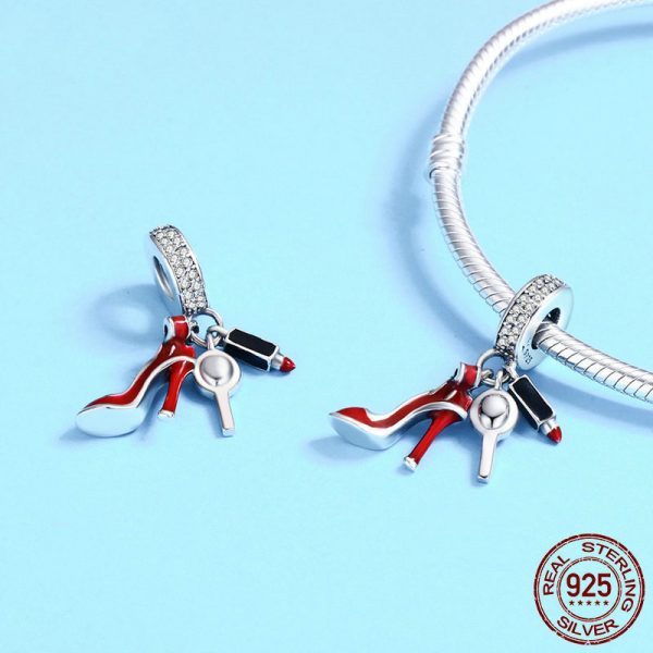 S925 Sterling Silver Red Lipstick High Heel Shoes Makeup Mirror Pendant - Image 4
