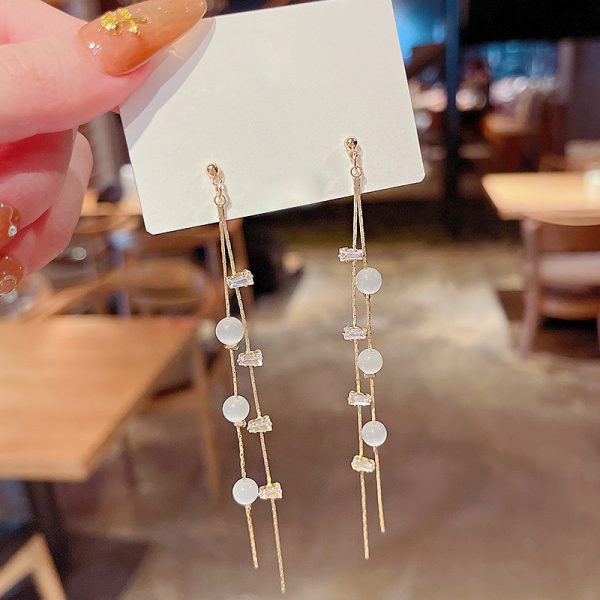 Sterling Silver Needle Long Fringe Earrings Female Cat's Eye - Image 3