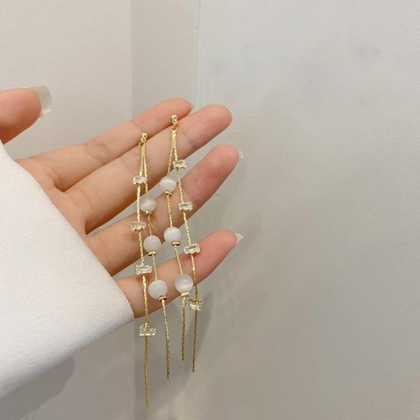 Sterling Silver Needle Long Fringe Earrings Female Cat's Eye - Image 6