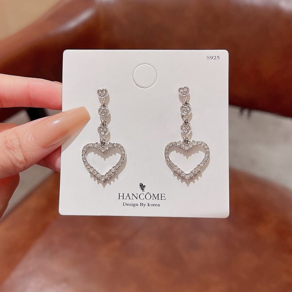 Sterling Silver Needle Sparkling Full Rhinestone Love Heart Earrings Female Ins - Image 6