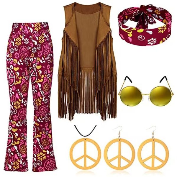 70's Hippie Party Vintage Clothing Tassel Vest Pants Headscarf Suit - Image 10
