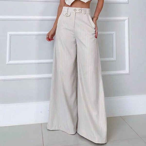 Fashion V-neck Striped High Waist Wide Leg Pants - Image 3