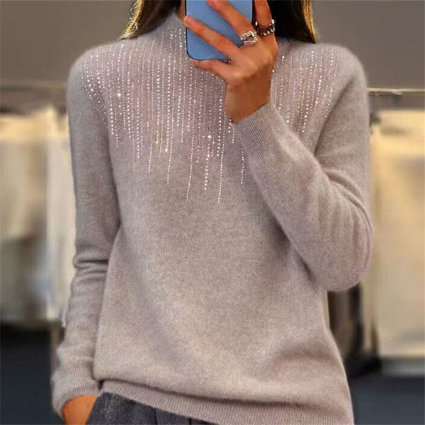 Women's Pullover Sweater Half-high Collar With Diamonds - Image 7