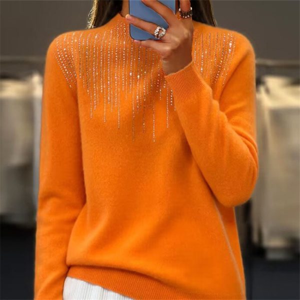 Women's Pullover Sweater Half-high Collar With Diamonds - Image 4