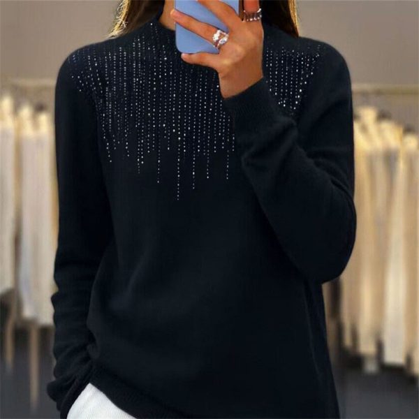 Women's Pullover Sweater Half-high Collar With Diamonds - Image 10
