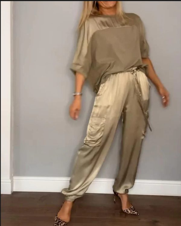 Smooth Satin Women's Short-sleeved Casual Pants Two-piece Set - Image 9