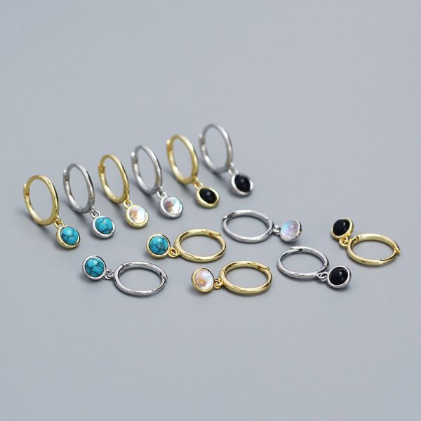S925 Sterling Silver Pendant Ear Clip Synthetic Moonstone Agate Blue Turquoise Earrings Women