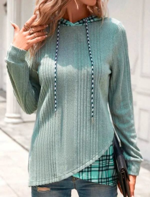 Knitted Stitching Contrast Color Jacquard Hooded Long Sleeve Sweater - Image 6