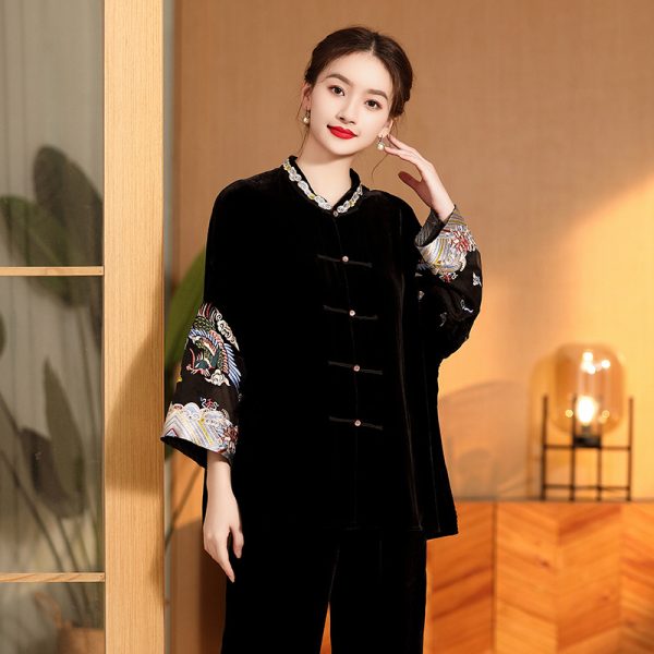 Embroidered Vintage Top Women's Stand Collar Improved Loose - Image 2