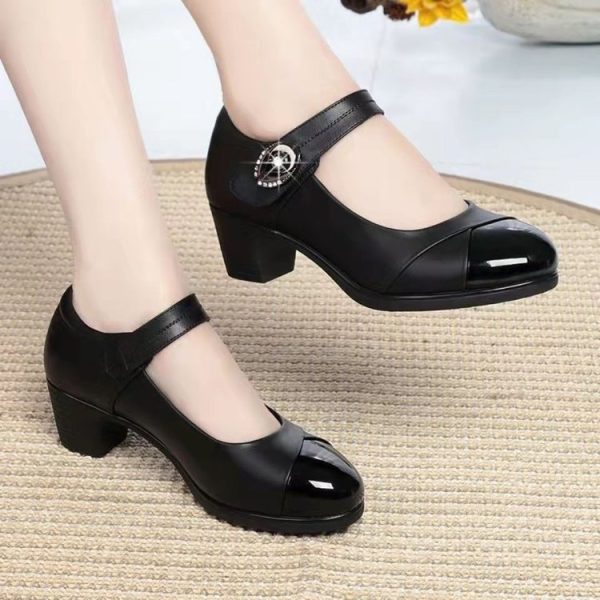 Round Toe Soft Bottom Low-cut Buckled Chunky Heel Shoes - Image 4