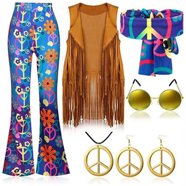 70's Hippie Party Vintage Clothing Tassel Vest Pants Headscarf Suit - Image 6