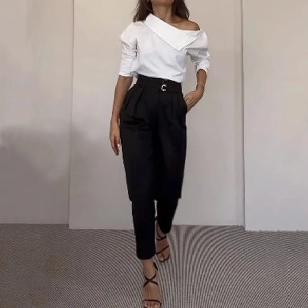Fashion High Collar Oblique Shoulder Tops Blouse And Pants Women - Image 2