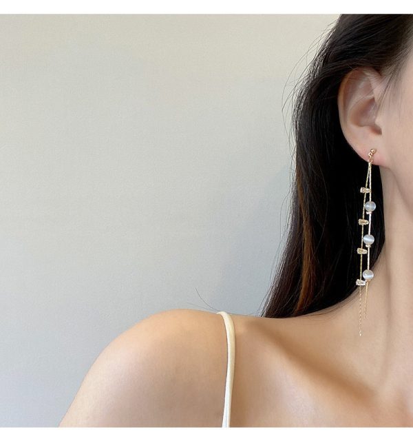 Sterling Silver Needle Long Fringe Earrings Female Cat's Eye - Image 2