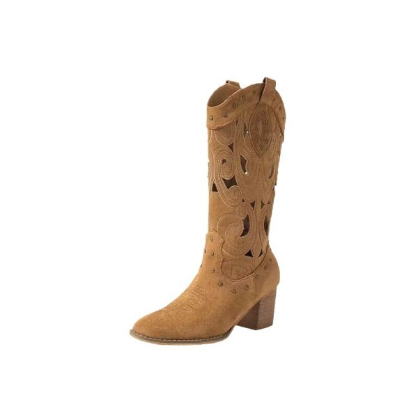 Fashion Middle Chunky Heel V Cut Embroidery Hollow Out Western Cowboy Boot - Image 5