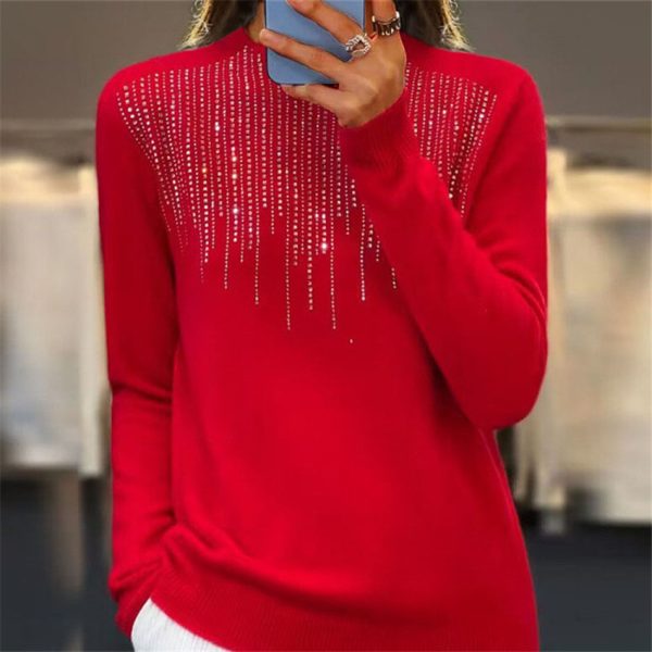 Women's Pullover Sweater Half-high Collar With Diamonds - Image 9