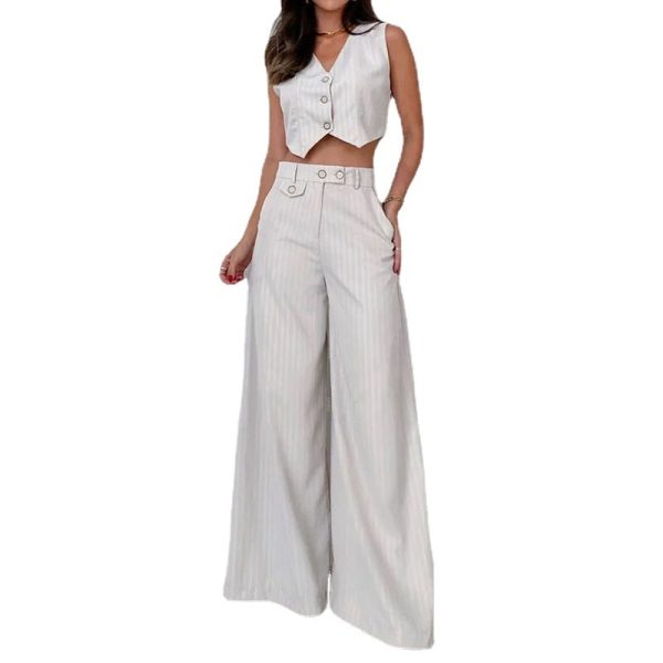 Fashion V-neck Striped High Waist Wide Leg Pants - Image 4