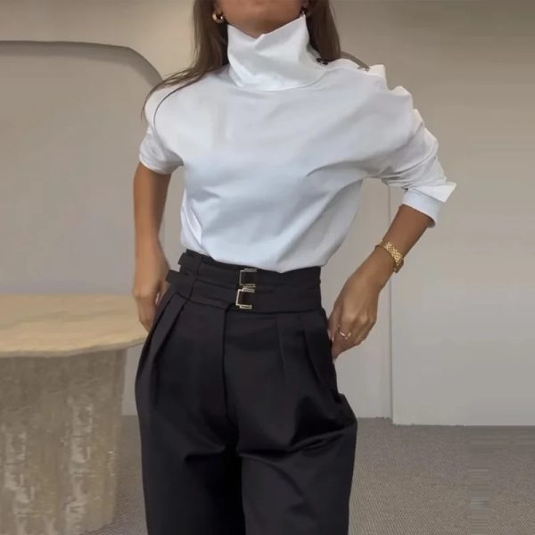 Fashion High Collar Oblique Shoulder Tops Blouse And Pants Women - Image 3
