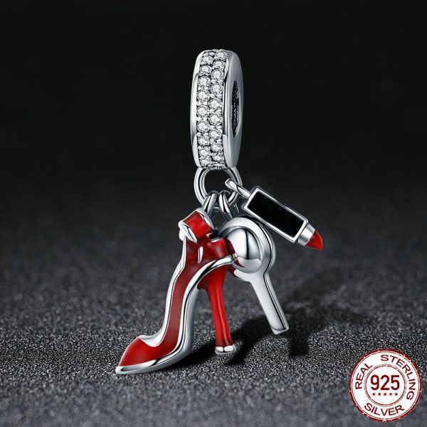 S925 Sterling Silver Red Lipstick High Heel Shoes Makeup Mirror Pendant - Image 3