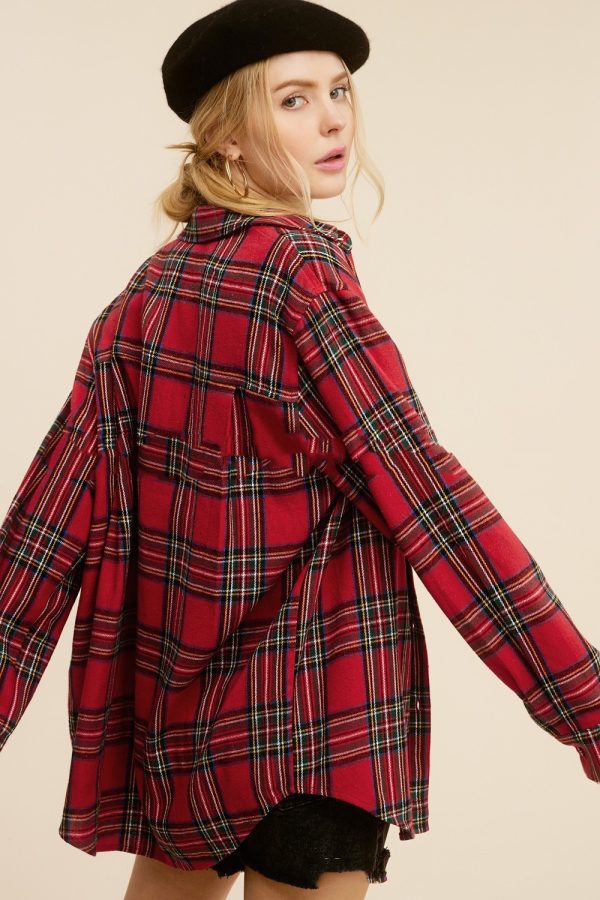 Spring And Autumn Women's Fashion Polo Collar Pocket Single-breasted Plaid Shirt - Image 6