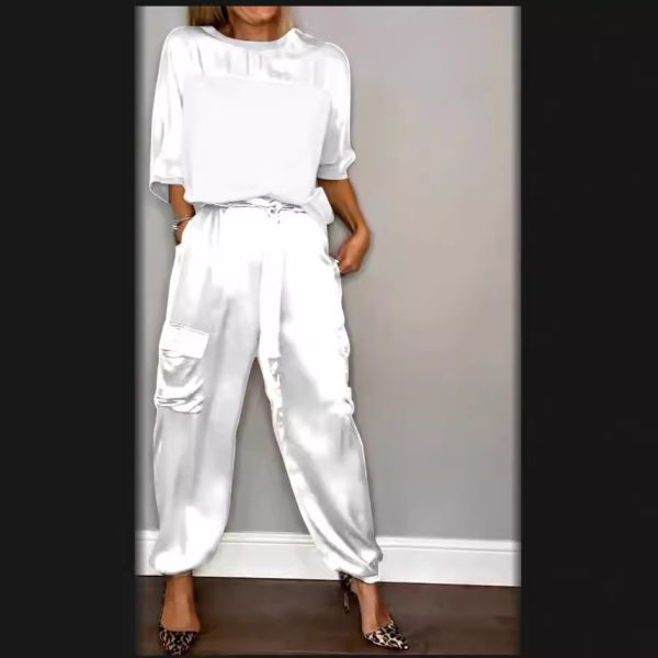 Smooth Satin Women's Short-sleeved Casual Pants Two-piece Set - Image 5