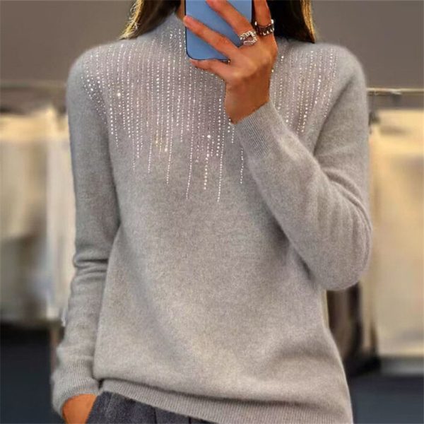 Women's Pullover Sweater Half-high Collar With Diamonds - Image 2