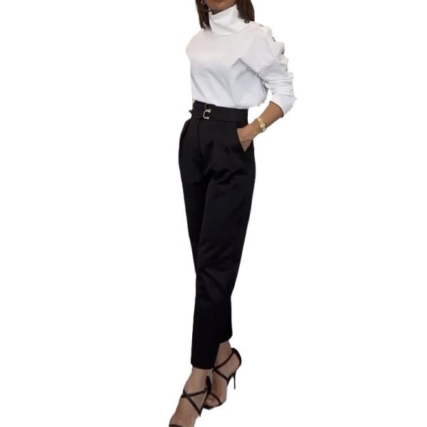 Fashion High Collar Oblique Shoulder Tops Blouse And Pants Women - Image 5